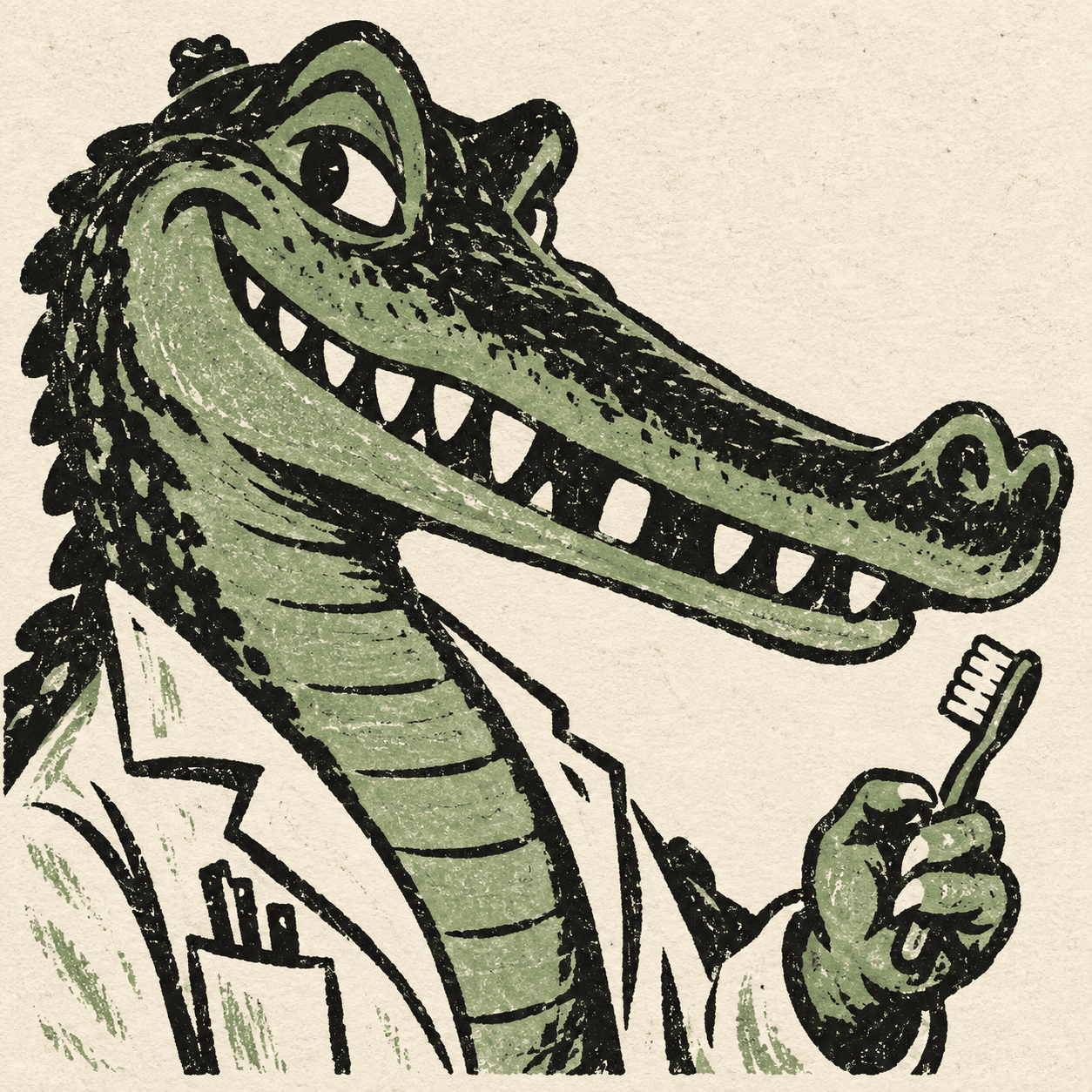 Long-snouted crocodile dentist holding a toothbrush